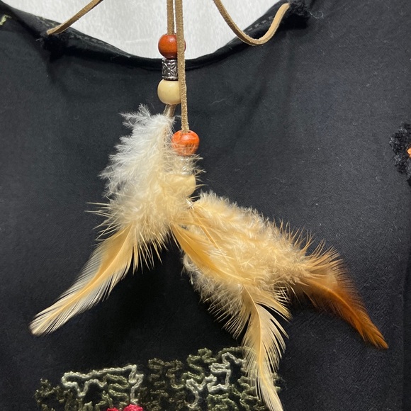 Anandas black floral embroidered poncho wrap bead feather ties tassels one size - Picture 4 of 7